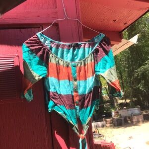 Blue and Orange Puff Sleeve Blouse with Tie Front